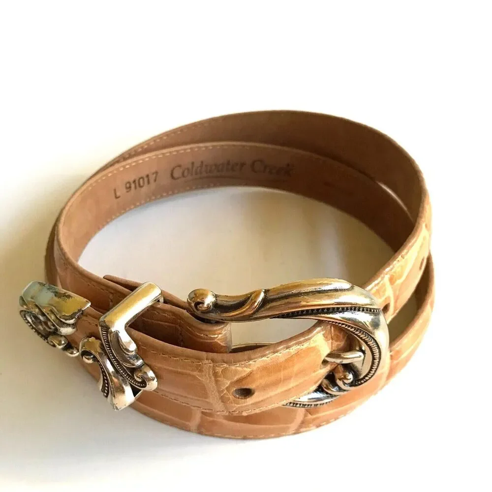 Vtg Coldwater Creek Croc Leather Western Belt Beige Tan Womens Size M L 32-36